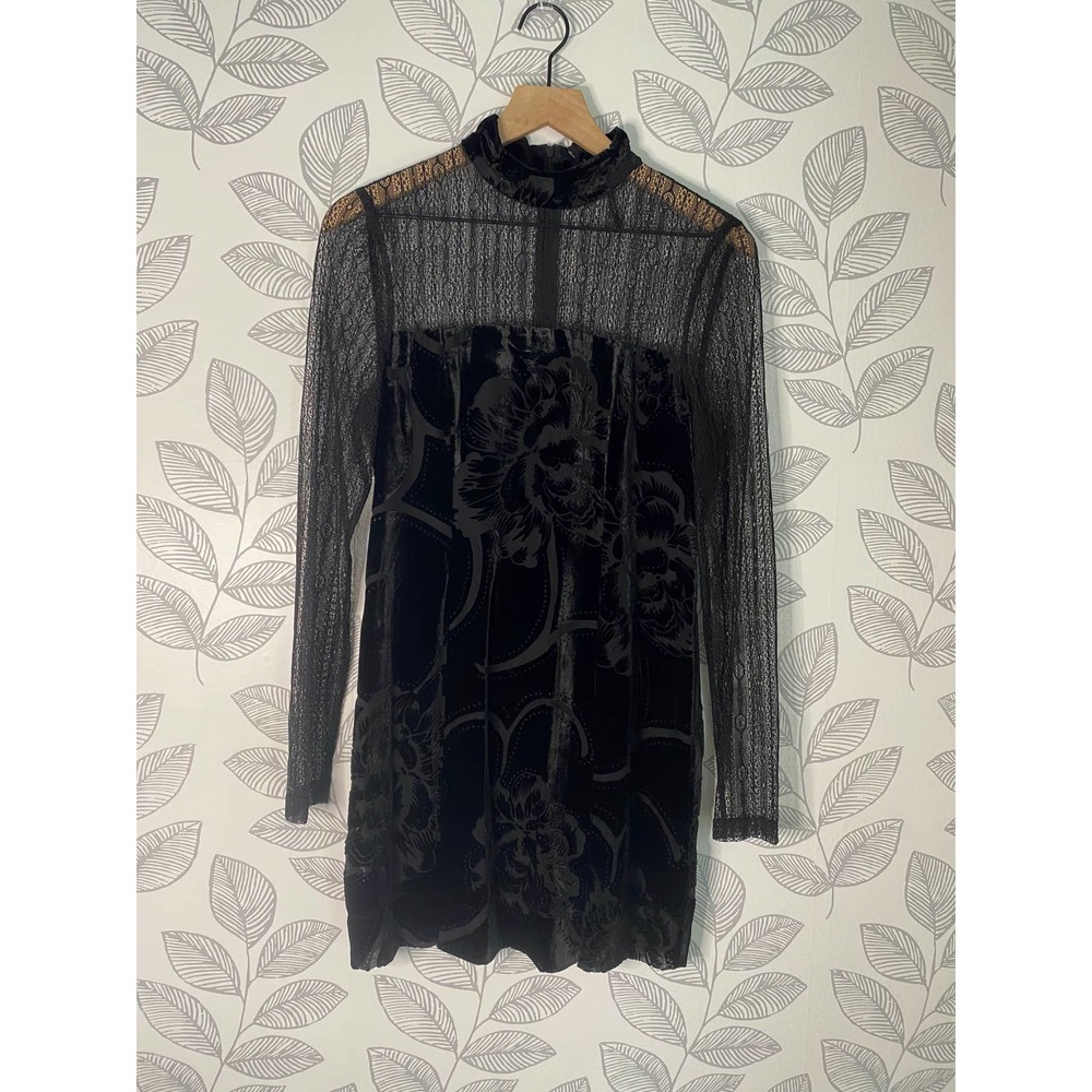 Free People Black Velvet/Lace Long Sleeve Dress, Size 6